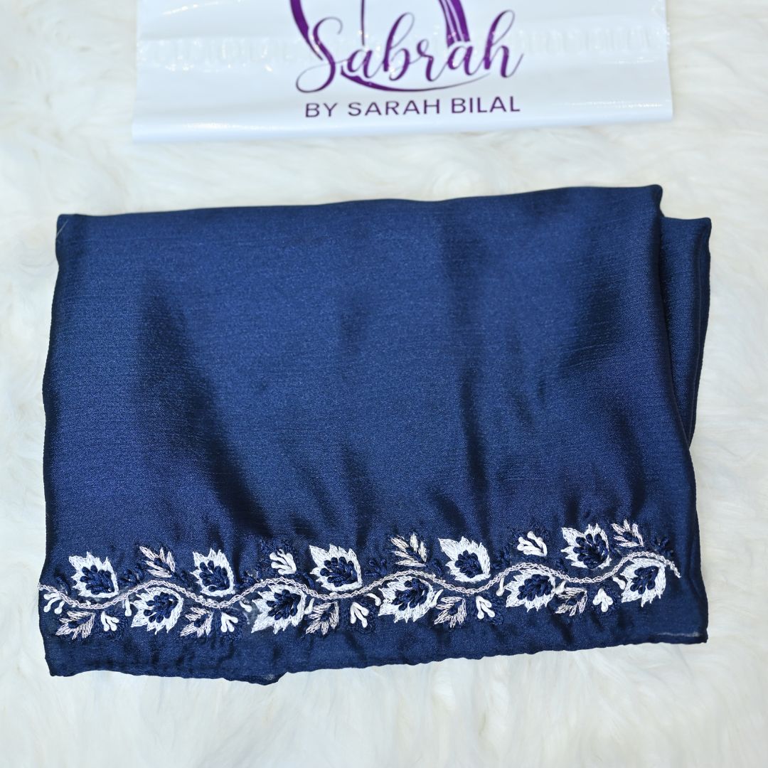 Aarzu — Floral Resham & Tilla Embroidered Silk Hijab | Handcrafted Scarf Pakistan