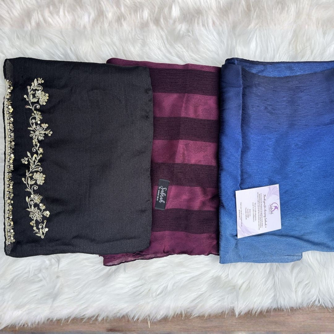 The Sabrah Signature Three — Black Kora + Royal Blue Ombré + Plum Stripe | Pack of 3 | Save PKR 700 | Designer Hijab Bundle Pakistan
