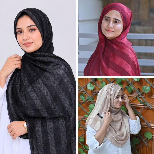 Black, Maroon & Skin Striped Silk Hijab Pack of 3 | Save PKR 700