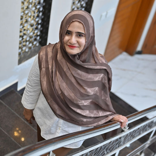 Brown Jacquard Stripe Silk Hijab | Neutral Luxury Hijab Pakistan