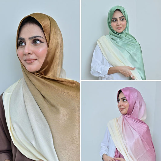 Camel, Lilac & Sage Green Ombré Silk Hijab Pack of 3 | Save PKR 900