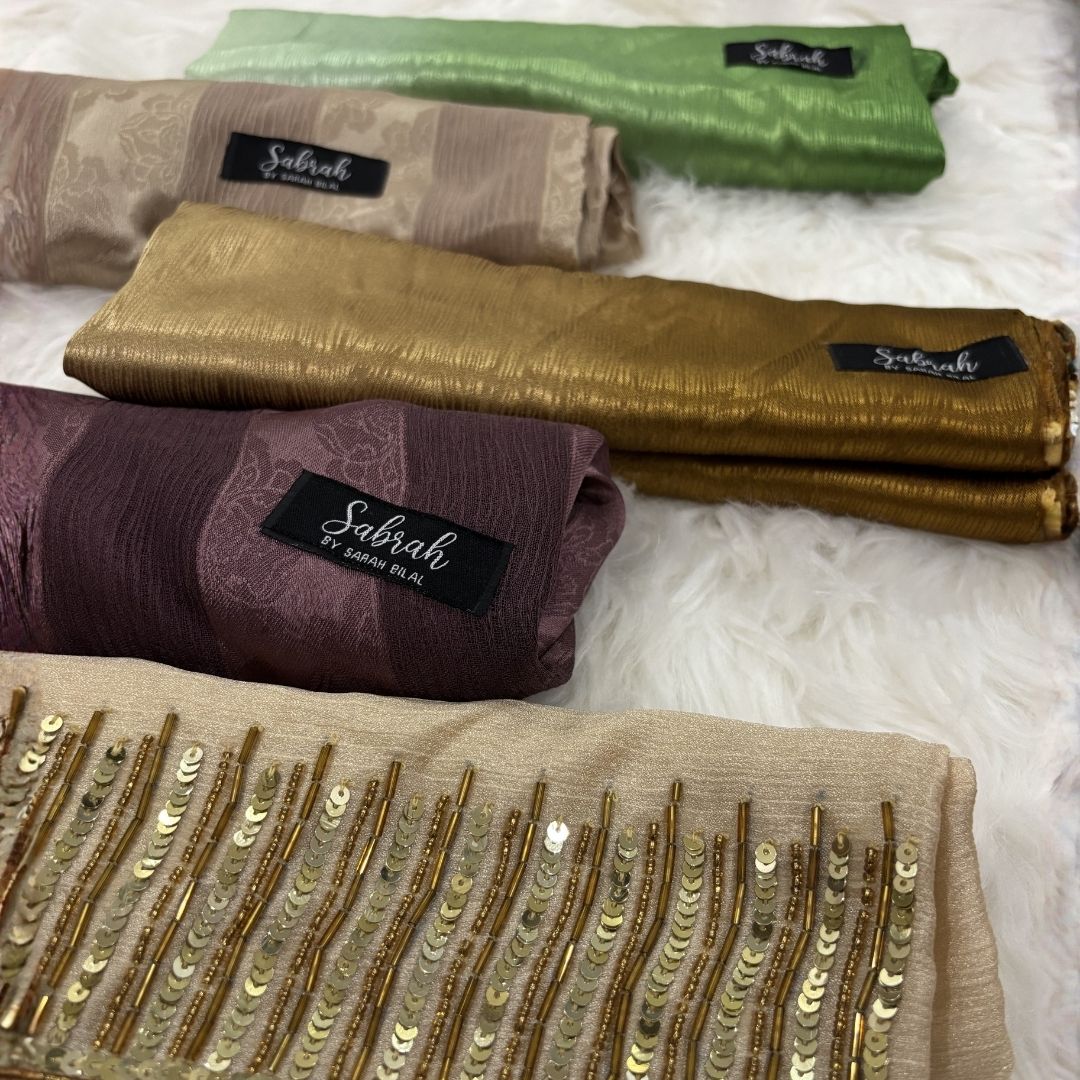 The Complete Wardrobe Set — Gold Handwork + Camel Ombré + Sage Green Ombré + Champagne Stripe + Lilac Stripe | Pack of 5 | Save PKR 1,000 + Free Delivery | Silk Hijab Bundle Pakistan