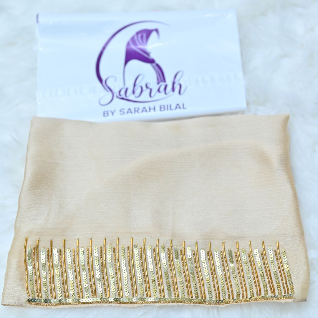 Mehr — Gold Handwork Crinkle Silk Hijab | Designer Hijab Pakistan