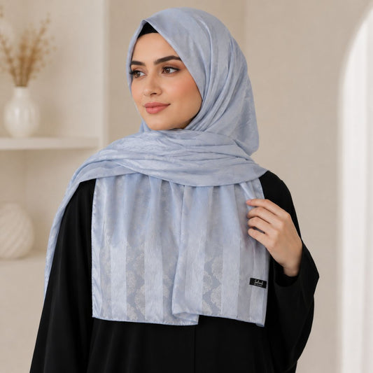 Barf — Silver Grey Jacquard Stripe Silk Hijab | Minimalist Luxury Silk Scarf Pakistan