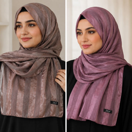 Rose Taupe & Light Purple Striped Silk Hijab Pack of 2 | Save PKR 300