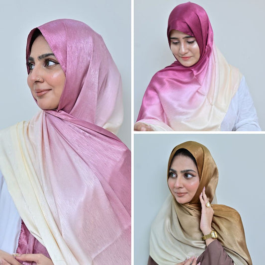 Lilac, Magenta & Camel Ombré Silk Hijab Pack of 3 | Save PKR 900