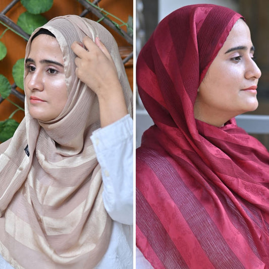 Maroon & Skin Striped Silk Hijab Pack of 2 | Save PKR 500