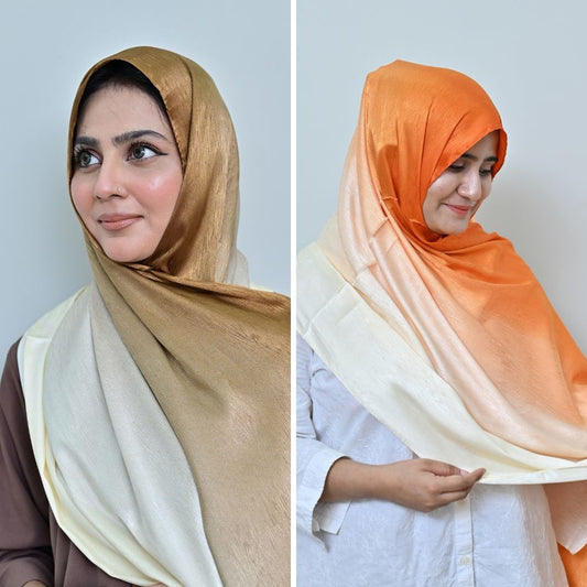 Narangi + Fajar — Terracotta & White Camel Ombré Silk Pack of 2 | Save PKR 400