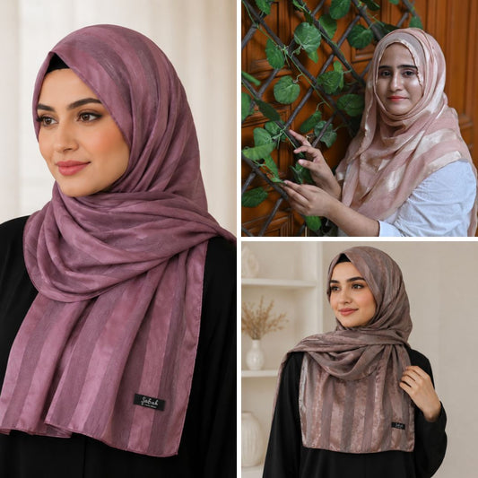 Rose Taupe, Light Purple & Peach Striped Silk Hijab Pack of 3 | Save PKR 500