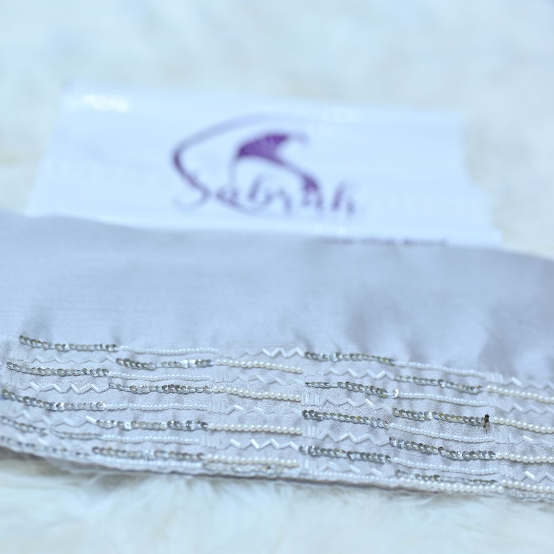 Almas — Silver Handwork Crinkle Silk Hijab | Luxury Designer Hijab Pakistan