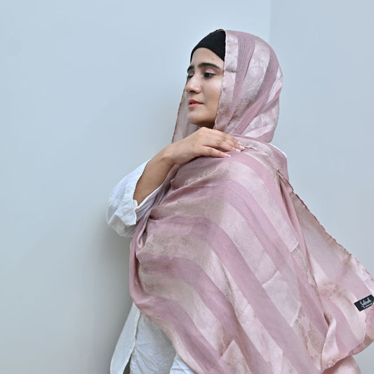 Tea Pink Jacquard Stripe Silk Hijab | Silk Scarf for Women Pakistan