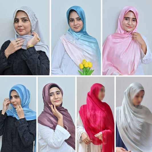 The Seven Shades — Almas Silver + Zinc Teal Ombré + Light Pink Ombré + Sama Sky Blue Stripe + Nayab Light Purple Stripe + Cherry Red Organza + Mint Green Organza | Pack of 7 | Save PKR 1,170