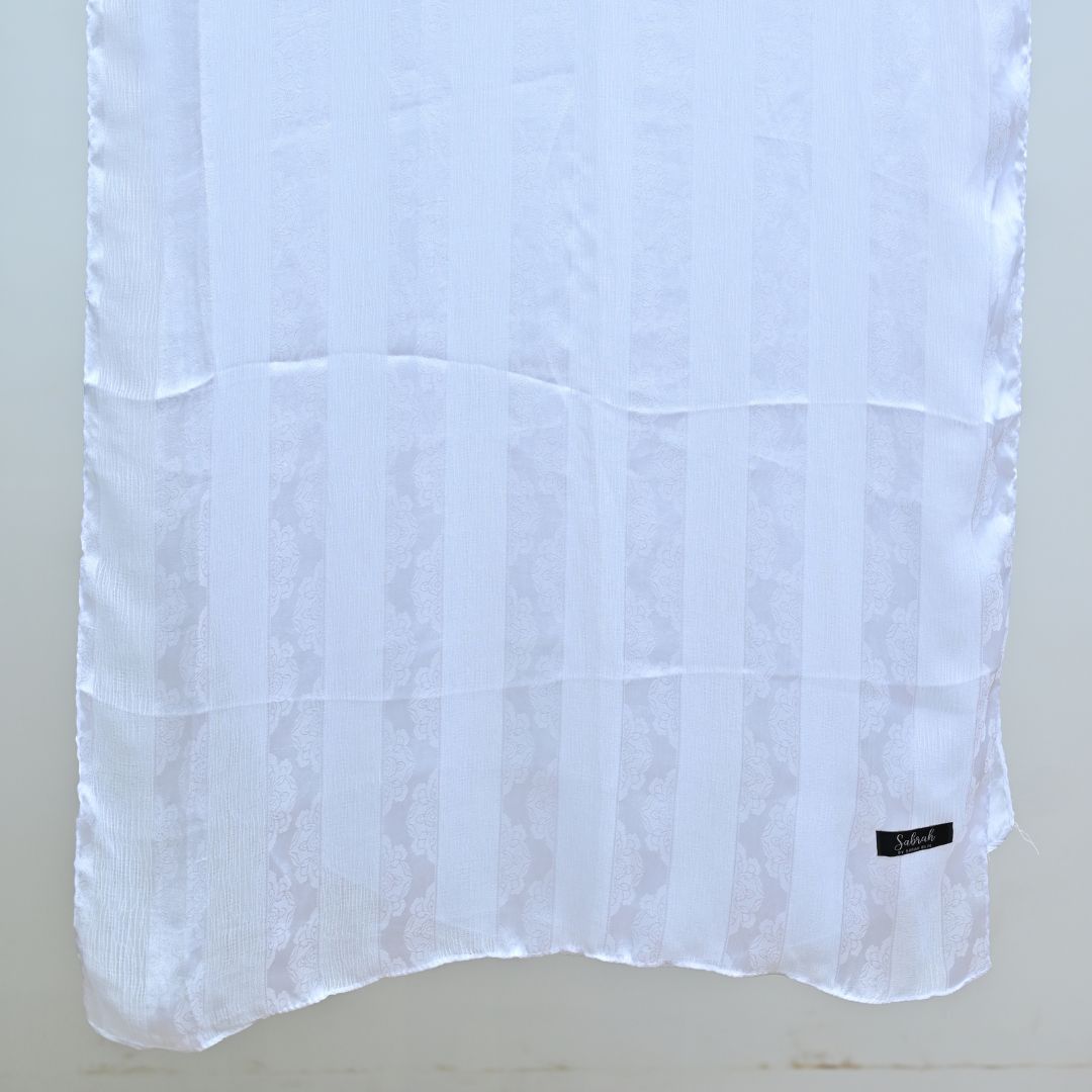 Safaid — White Jacquard Stripe Silk Hijab | Bridal & Umrah Silk Hijab Pakistan