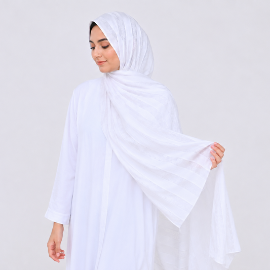 Safaid — White Jacquard Stripe Silk Hijab | Bridal & Umrah Silk Hijab Pakistan