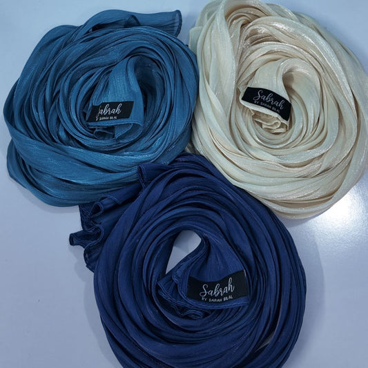 Zinc, Royal Blue & Pearl White — Cool, Deep & Luminous Organza Silk Hijab Pack of 3 | Save PKR 600
