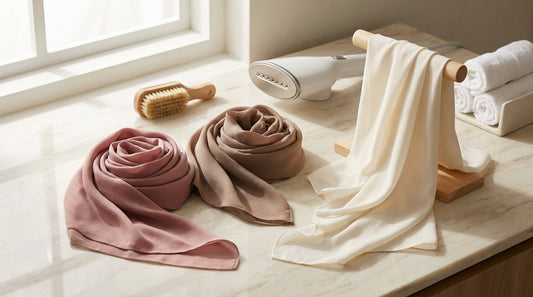 Premium folded hijabs with fabric care essentials for the Sabrah.pk Hijab Care Guide