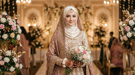 Pakistani bride wearing an elegant silk bridal hijab with embroidered wedding dress
