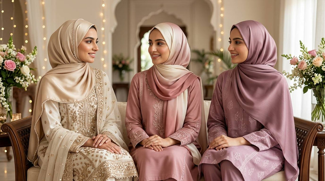 Pakistani women wearing elegant silk hijabs with Eid outfits for Eid Day 1, Day 2 and Day 3