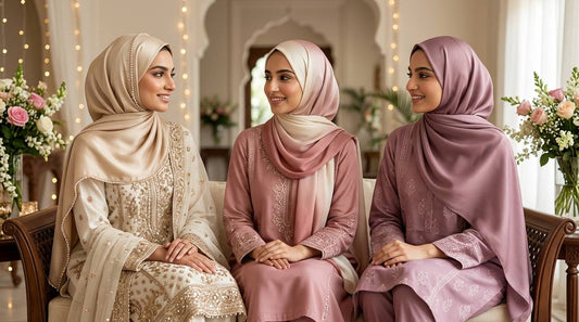 Pakistani women wearing elegant silk hijabs with Eid outfits for Eid Day 1, Day 2 and Day 3