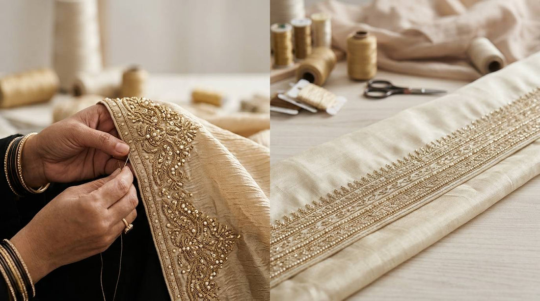 Handcrafted designer hijab with detailed beadwork compared with a mass-produced hijab in Pakistan
