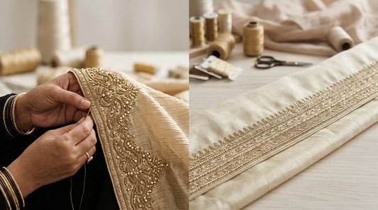 Handcrafted designer hijab with detailed beadwork compared with a mass-produced hijab in Pakistan
