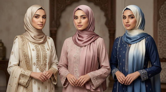 Hijab colour matching ideas for Pakistani formal dresses in ivory, gold and pastel shades