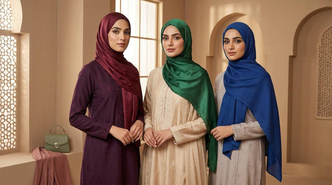 Pakistani hijabi women wearing 2026 modest fashion trends in plum, emerald and cobalt