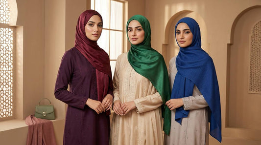 Pakistani hijabi women wearing 2026 modest fashion trends in plum, emerald and cobalt