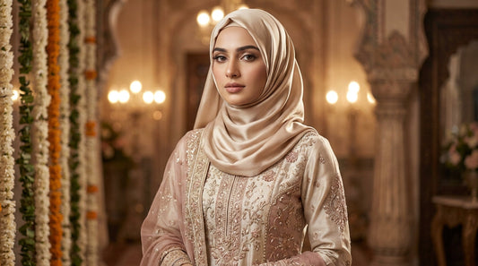 Pakistani hijabi wedding guest wearing a silk hijab with embroidered formal wear