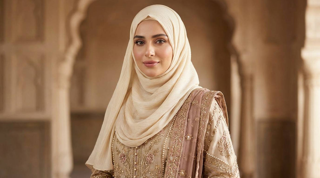 Woman styling a luxury silk hijab with Pakistani formal wear for a wedding