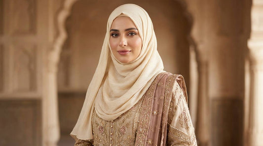 Woman styling a luxury silk hijab with Pakistani formal wear for a wedding