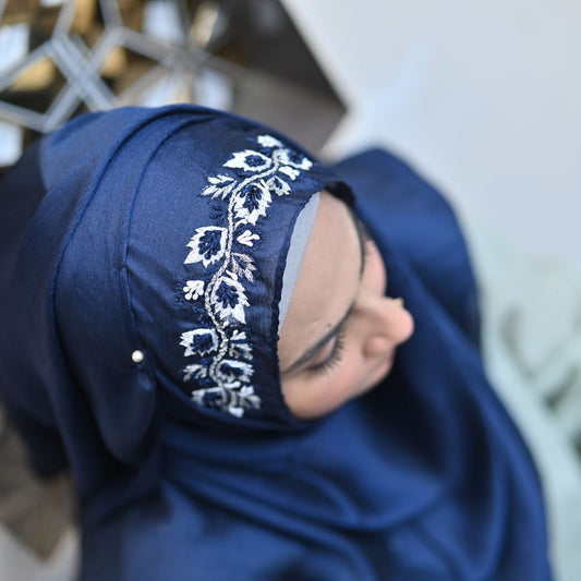 Aarzu — Floral Resham & Tilla Embroidered Silk Hijab | Handcrafted Scarf Pakistan