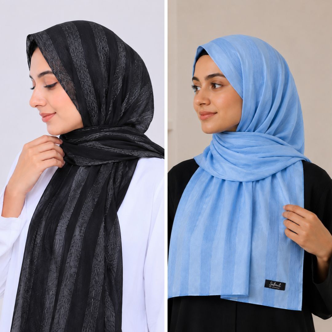 Black & Sky Blue Striped Silk Hijab Pack of 2 | Save PKR 300