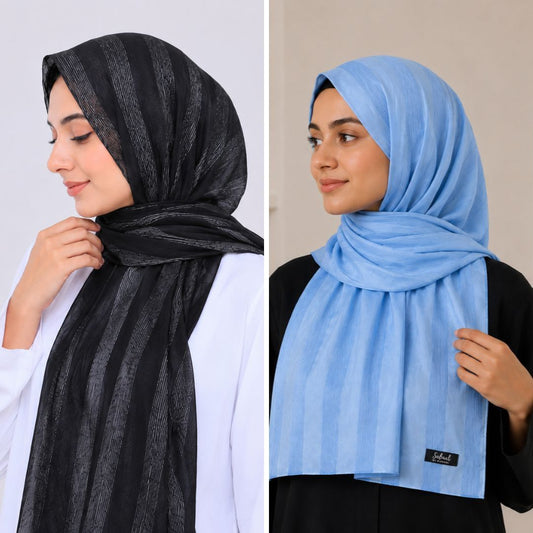 Black & Sky Blue Striped Silk Hijab Pack of 2 | Save PKR 300