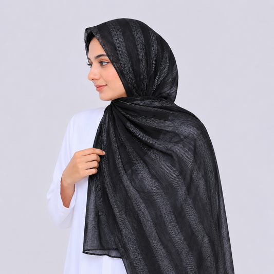 Shab — Black Tonal Stripe Silk Hijab | Luxury Black Silk Hijab Pakistan