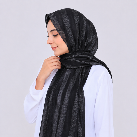 Shab — Black Tonal Stripe Silk Hijab | Luxury Black Silk Hijab Pakistan