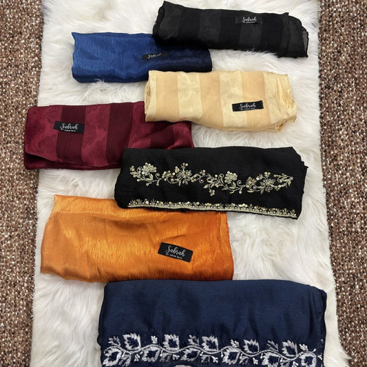 The Sabrah Ultimate Collection — Black Kora + Navy Embroidery + Royal Blue Ombré + Terracotta Ombré + Black Stripe + Maroon Stripe + Champagne Stripe | Pack of 7 | Save PKR 1,500 + Free Delivery | Luxury Hijab Collection Pakistan
