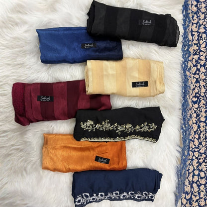 The Sabrah Ultimate Collection — Black Kora + Navy Embroidery + Royal Blue Ombré + Terracotta Ombré + Black Stripe + Maroon Stripe + Champagne Stripe | Pack of 7 | Save PKR 1,500 + Free Delivery | Luxury Hijab Collection Pakistan