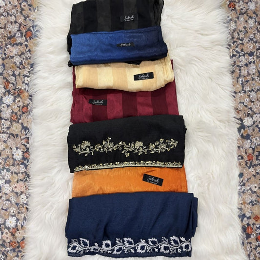 The Sabrah Ultimate Collection — Black Kora + Navy Embroidery + Royal Blue Ombré + Terracotta Ombré + Black Stripe + Maroon Stripe + Champagne Stripe | Pack of 7 | Save PKR 1,500 + Free Delivery | Luxury Hijab Collection Pakistan