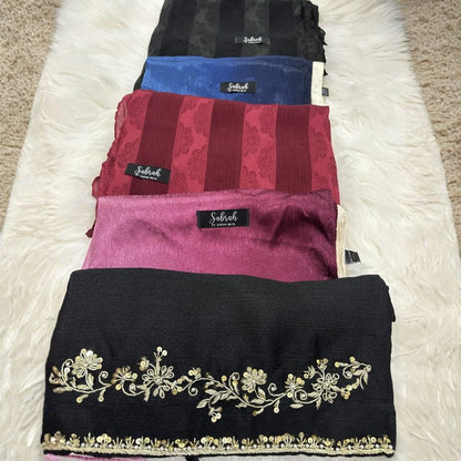 The Ultimate Occasion Edit — Black Kora + Royal Blue Ombré + Magenta Ombré + Black Stripe + Maroon Stripe | Pack of 5 | Save PKR 1,000 + Free Delivery | Luxury Hijab Bundle Pakistan