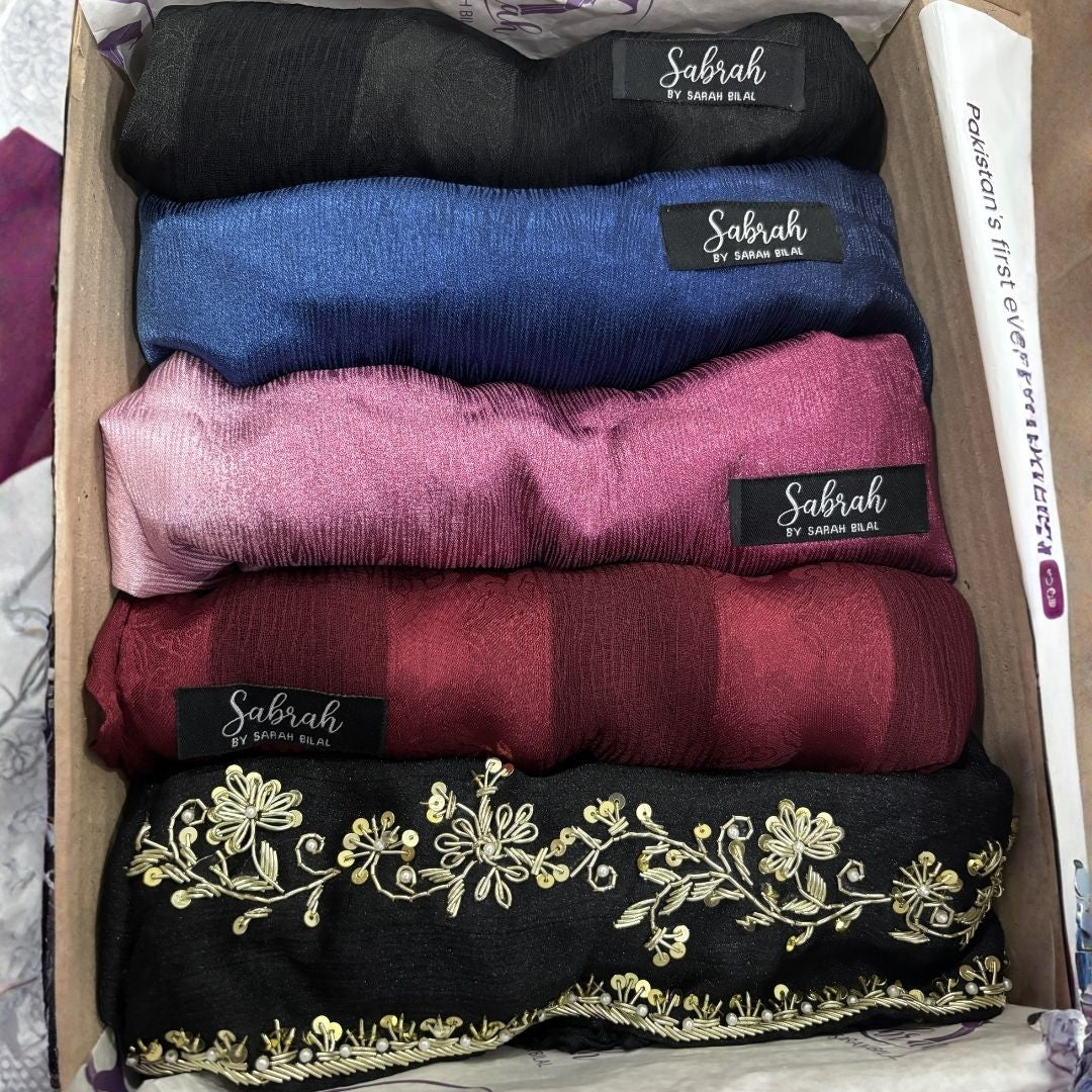 The Ultimate Occasion Edit — Black Kora + Royal Blue Ombré + Magenta Ombré + Black Stripe + Maroon Stripe | Pack of 5 | Save PKR 1,000 + Free Delivery | Luxury Hijab Bundle Pakistan
