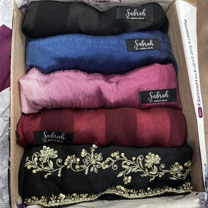 The Ultimate Occasion Edit — Black Kora + Royal Blue Ombré + Magenta Ombré + Black Stripe + Maroon Stripe | Pack of 5 | Save PKR 1,000 + Free Delivery | Luxury Hijab Bundle Pakistan