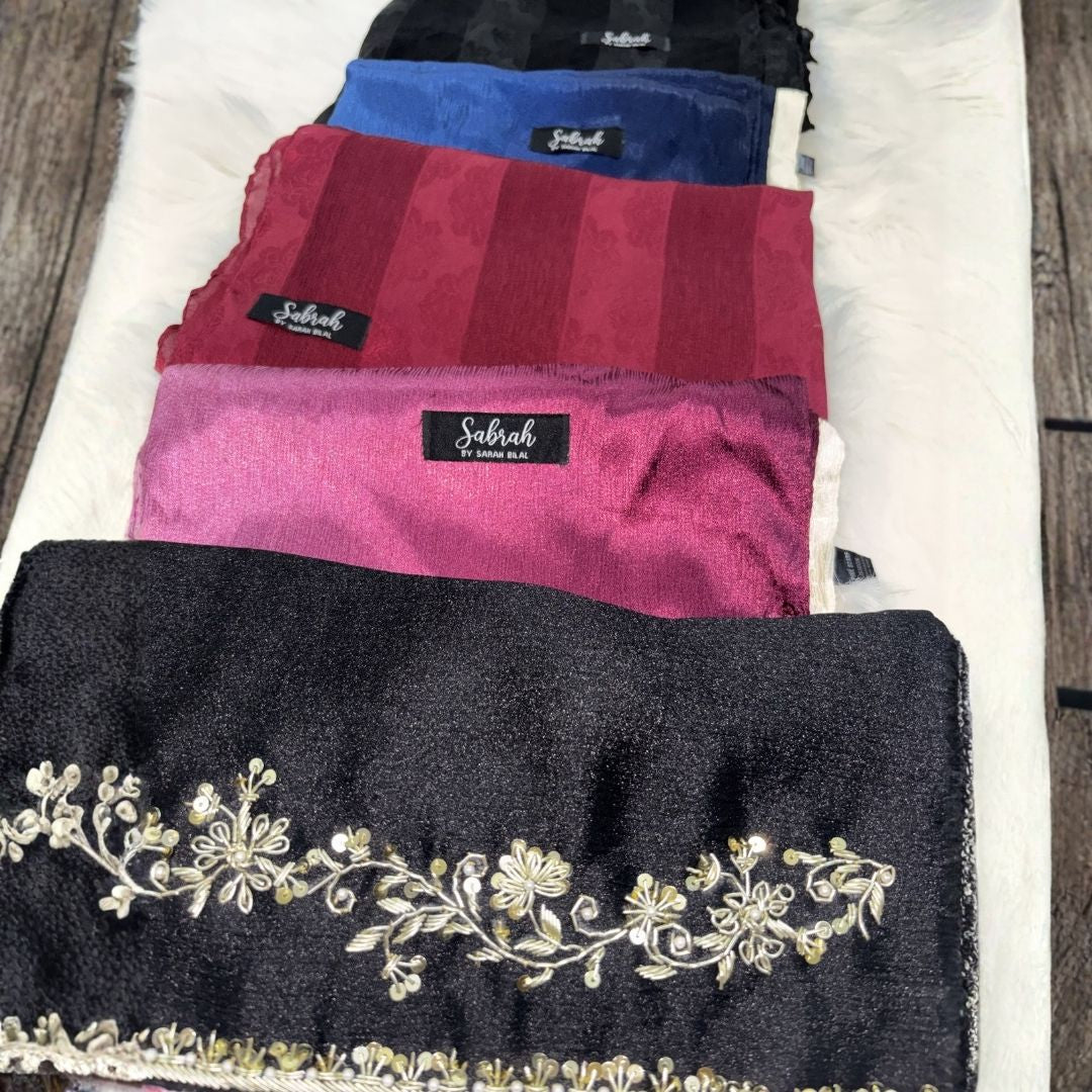 The Ultimate Occasion Edit — Black Kora + Royal Blue Ombré + Magenta Ombré + Black Stripe + Maroon Stripe | Pack of 5 | Save PKR 1,000 + Free Delivery | Luxury Hijab Bundle Pakistan
