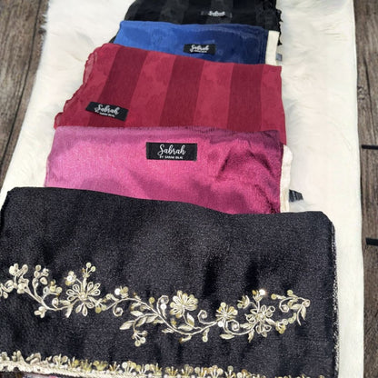 The Ultimate Occasion Edit — Black Kora + Royal Blue Ombré + Magenta Ombré + Black Stripe + Maroon Stripe | Pack of 5 | Save PKR 1,000 + Free Delivery | Luxury Hijab Bundle Pakistan