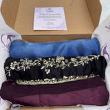 The Sabrah Signature Three — Black Kora + Royal Blue Ombré + Plum Stripe | Pack of 3 | Save PKR 700 | Designer Hijab Bundle Pakistan