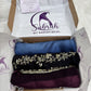 The Sabrah Signature Three — Black Kora + Royal Blue Ombré + Plum Stripe | Pack of 3 | Save PKR 700 | Designer Hijab Bundle Pakistan