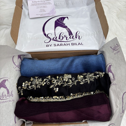 The Sabrah Signature Three — Black Kora + Royal Blue Ombré + Plum Stripe | Pack of 3 | Save PKR 700 | Designer Hijab Bundle Pakistan