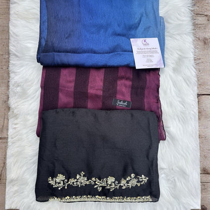 The Sabrah Signature Three — Black Kora + Royal Blue Ombré + Plum Stripe | Pack of 3 | Save PKR 700 | Designer Hijab Bundle Pakistan