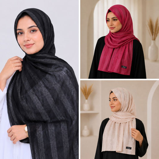 Black, Maroon & Champagne Striped Silk Hijab Pack of 3 | Save PKR 500