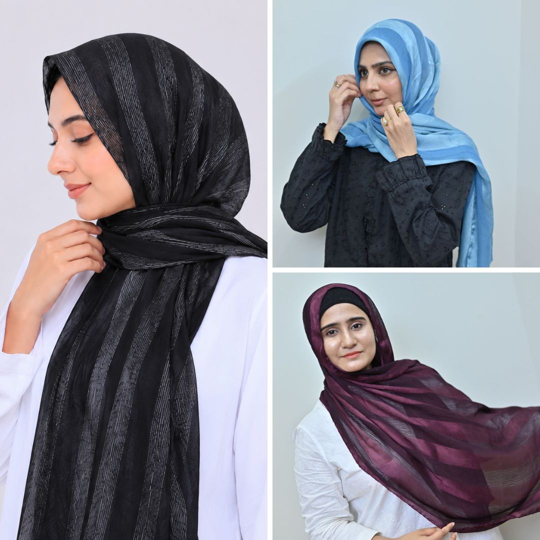 Black, Plum & Sky Blue Striped Silk Hijab Pack of 3 | Save PKR 700